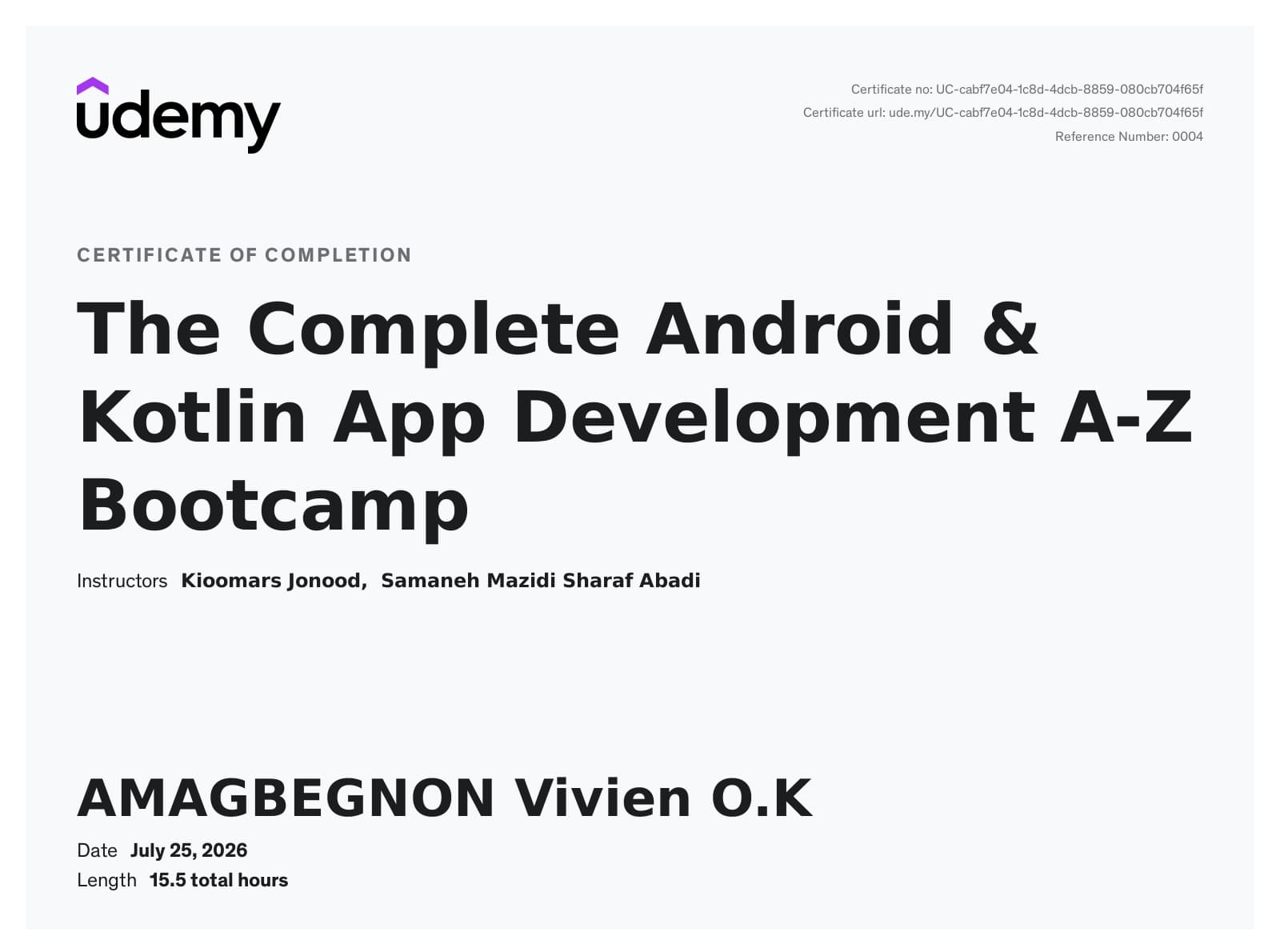 Certificat The Complete Android & Kotlin App Development A-Z