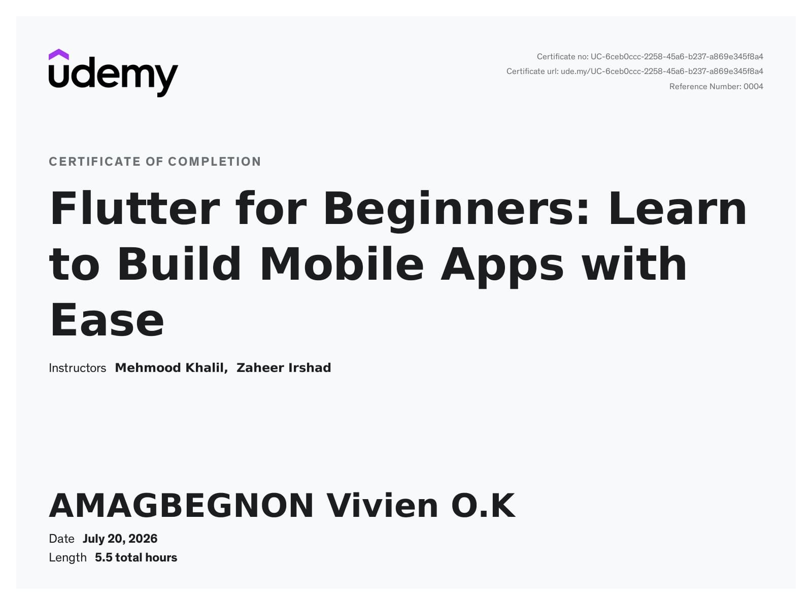 Certificat Flutter for Beginners: Build Mobile Apps with Ease