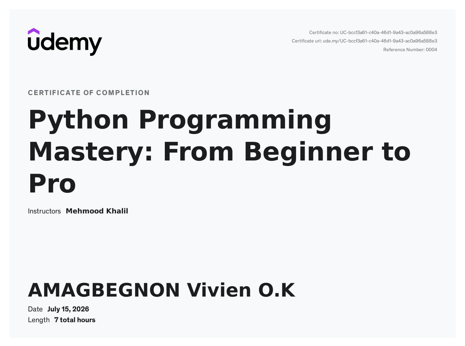 Certificat Python Programming Mastery: From Beginner to Pro