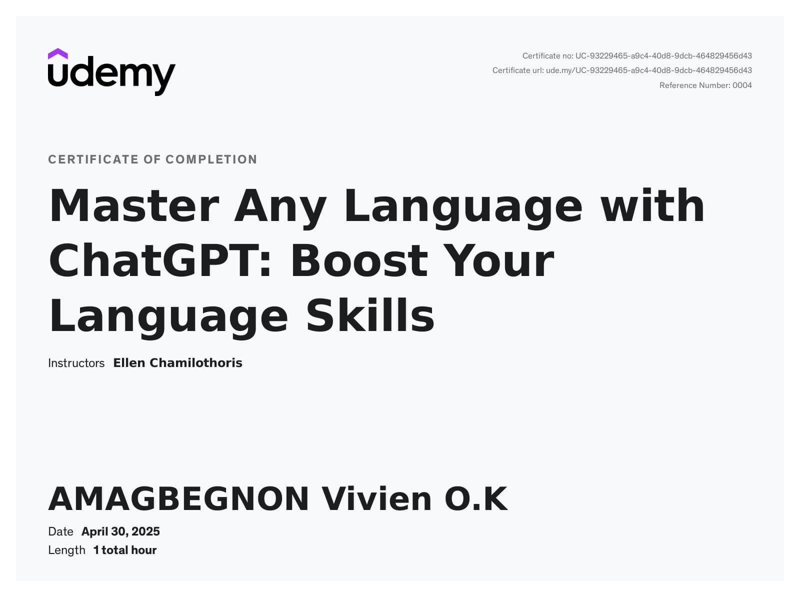 Certificat Master Any Language with ChatGPT délivré par Udemy