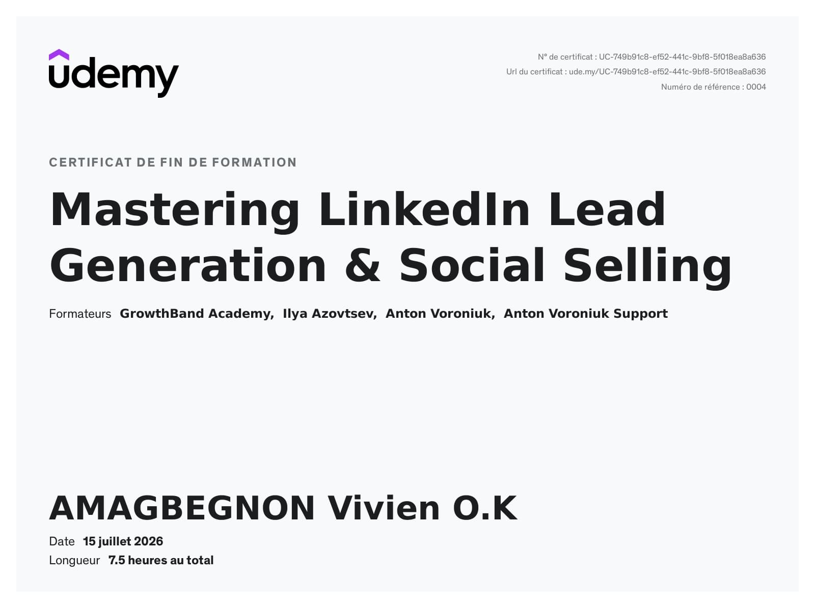 Certificat Mastering LinkedIn Lead Generation & Social Selling délivré par Udemy